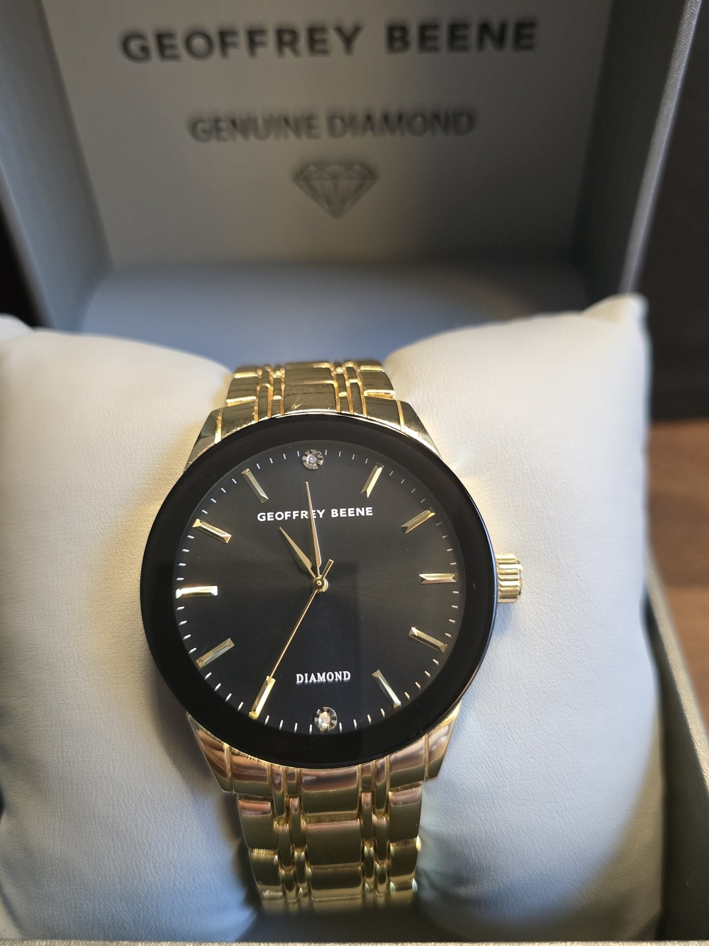 Geoffrey Beene Men's Gold-Tone Black Dial Diamond Accent Watch-New!